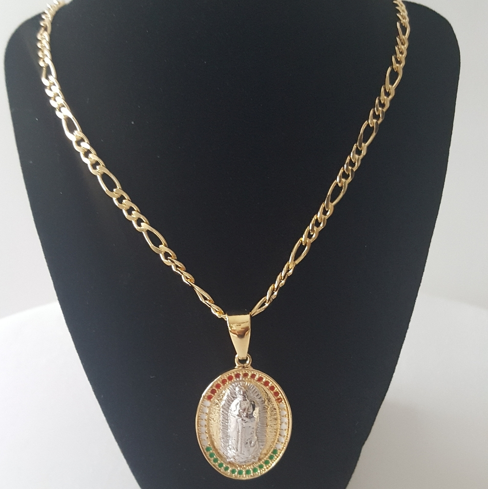 Guadalupe 18k gold filled pendant figaro necklace set religious New